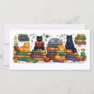 Cartão De Agradecimento Gatos Lendo Livros Cena Aconchegante de Biblioteca