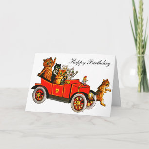 Cartão De Agradecimento Gatos Vintage de Louis Wain em Carro Feliz Anivers