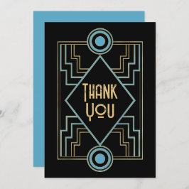 Cartão De Agradecimento Gatsby-Inspired Art Deco Blue & Gold Wedding Photo