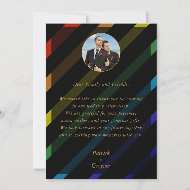 Cartão De Agradecimento Gay Men Wedding Elegant Rainbow Photo (Frente)