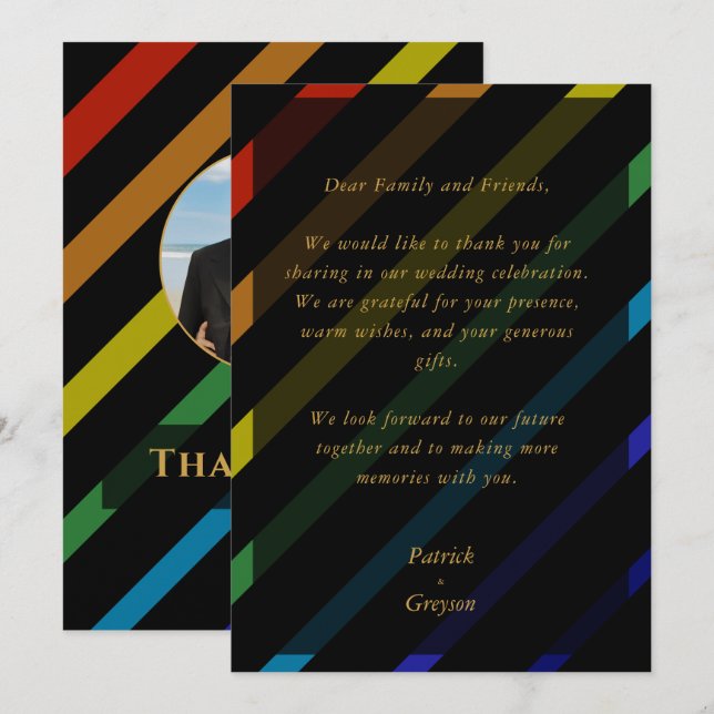 Cartão De Agradecimento Gay Men Wedding Elegant Rainbow Photo (Frente/Verso)