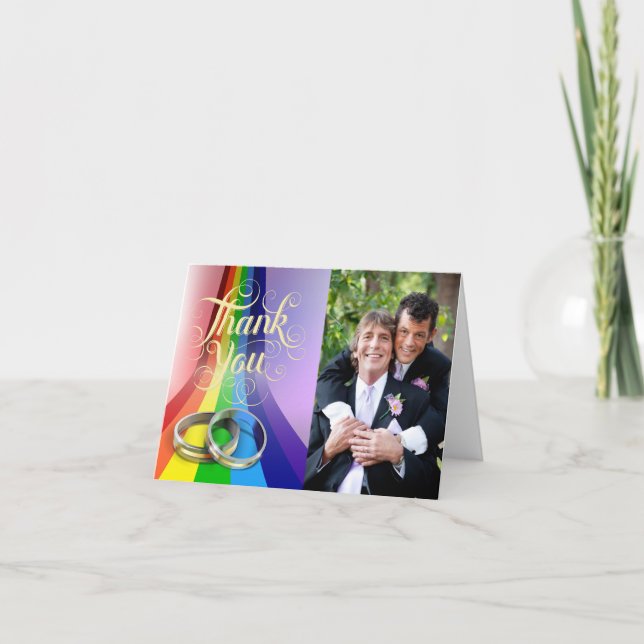Cartão De Agradecimento Gay Rainbow and Rings Wedding Thank You (Frente)