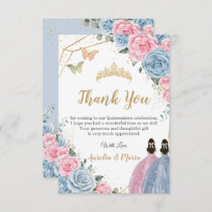 Cartão De Agradecimento Gêmeos Quinceañera Baby Blue Pink Princas Florais 