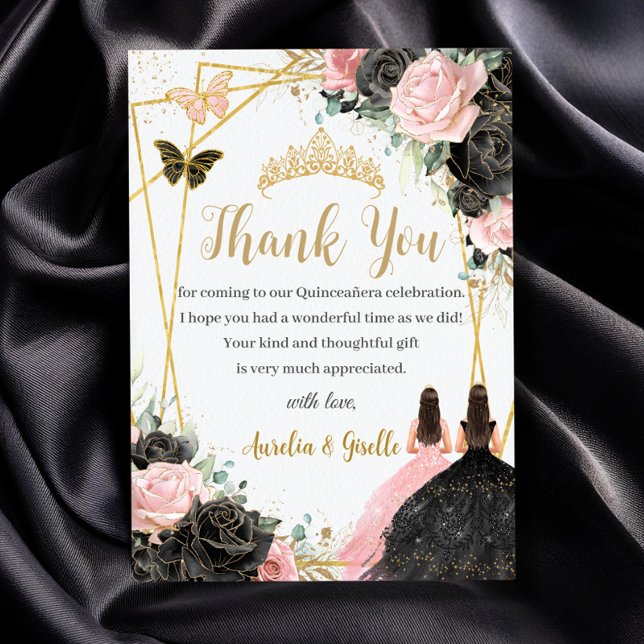 Cartão De Agradecimento Gêmeos Quinceañera Sweet 16 Preto Rosa Floral (twins quinceanera sweet 16 black and pink roses floral gold geometric princesses thank you cards)