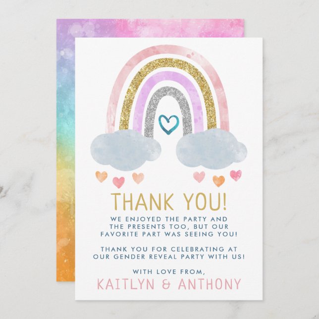 Cartão De Agradecimento Gentil Pequeno Arco-Íris, Festa Reveladora (Frente/Verso)