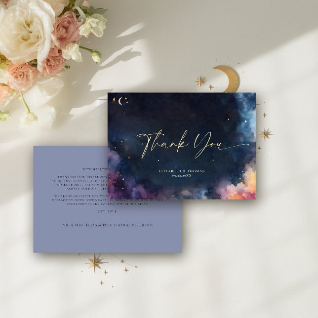 Cartão De Agradecimento Gift Celestial Blue Stars - Galáxia Cósmica (celestial thank you card watercolor starry night sky galaxy universe navy blue gold)