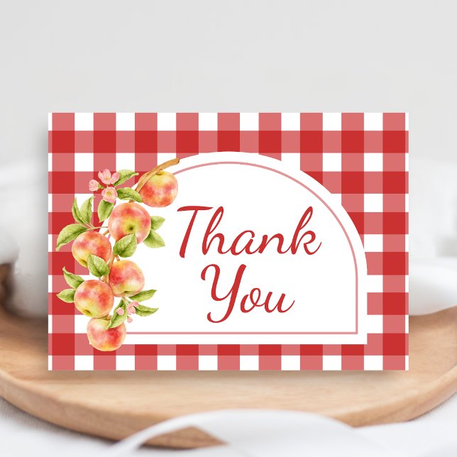 Cartão De Agradecimento Gingham Apple of Our Eye Baby Shower (Apple Baby Shower Thank You Card)