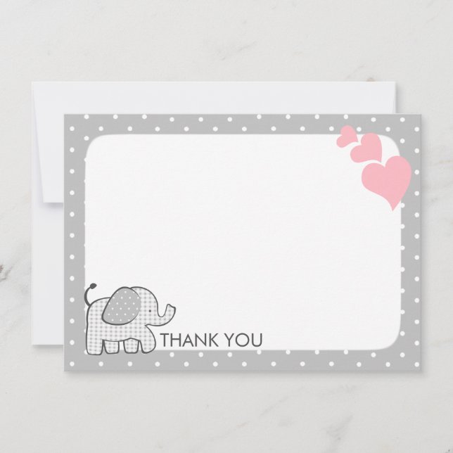 Cartão De Agradecimento Gingham Elephant Pink Baby Obrigado (Frente)