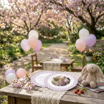 Gingham Lavender 1st Birthday Photo Thank You