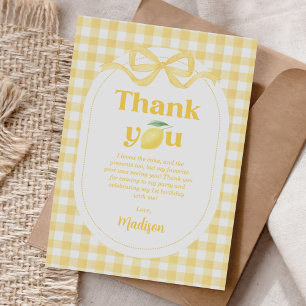 Cartão De Agradecimento Gingham Lemon Themed primeiro aniversario