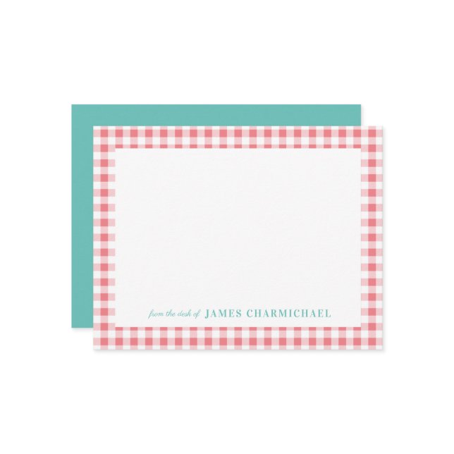 Cartão De Agradecimento Gingham Rosa com Aqua da mesa de (Frente/Verso In Situ)
