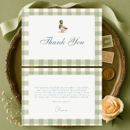 Cartão De Agradecimento Gingham Sage Green Mallard Duck Bow Baby Shower