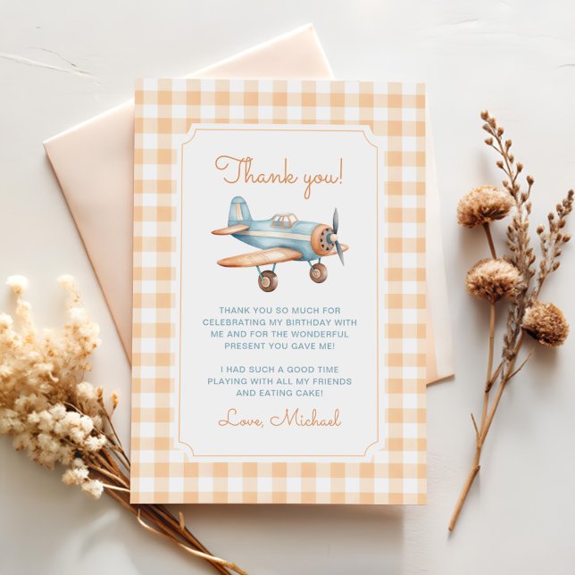 Cartão De Agradecimento Gingham Time Fly Airplane Primeiro Aniversário (Criador carregado)