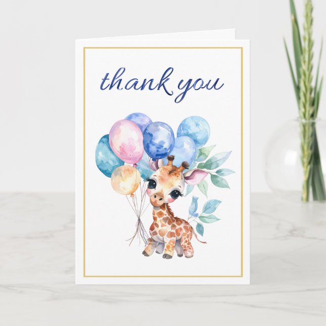 Cartão De Agradecimento Girafa bebê com balões Obrigado (Frente)
