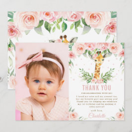 Cartão De Agradecimento Giraffe Jungle Blush Foto do primeiro aniversario 