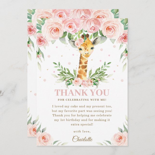 Cartão De Agradecimento Giraffe Selgle Safari Rosa Escamuflado Rosa Aniver (Frente/Verso)