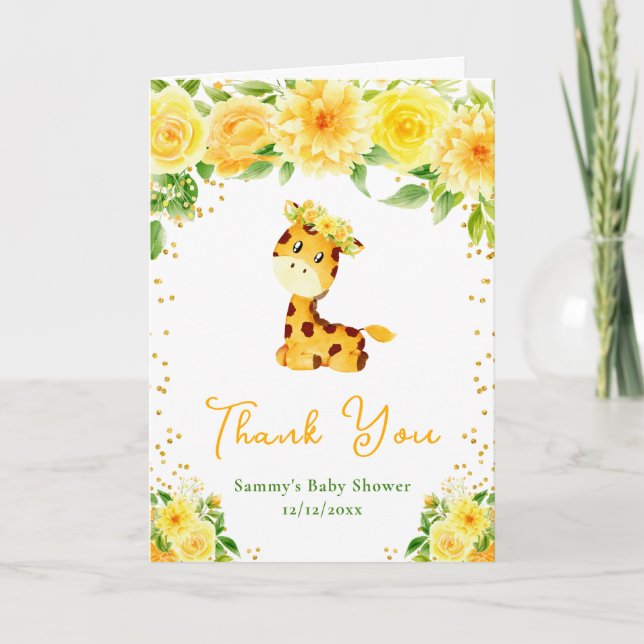 Cartão De Agradecimento Giraffe Yellow Floral Chá de fraldas Obrigado (Frente)