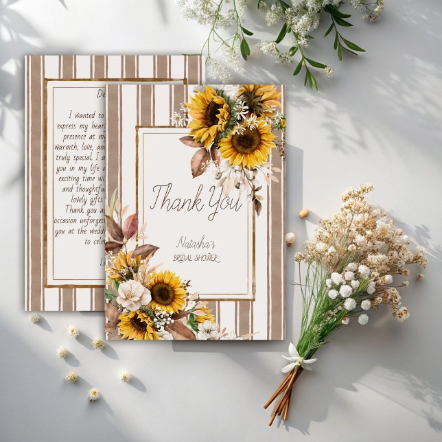Cartão De Agradecimento Girassóis de faixa marrom apaixonados chá de noiva (Fall in love sunflowers brown stripes bridal shower thank you cards modern stripped terracotta)