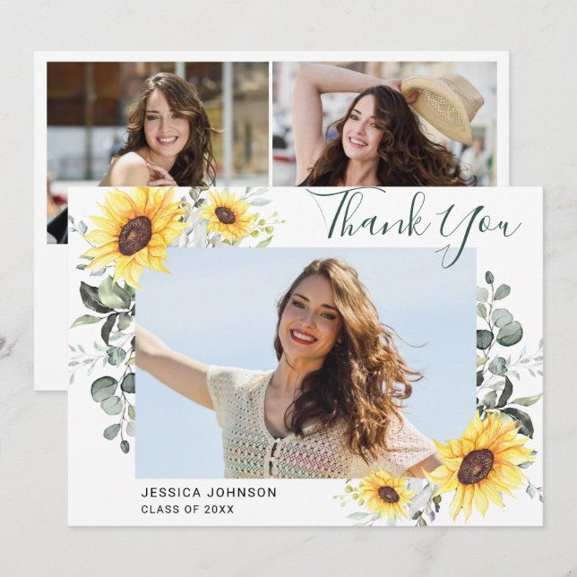 Cartão De Agradecimento Girassóis Eucalyptus Rustic 3 PHOTO Graduação (Frente/Verso)