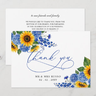 Cartão De Agradecimento Girassóis Florais Azul Royal Casamento Moderno