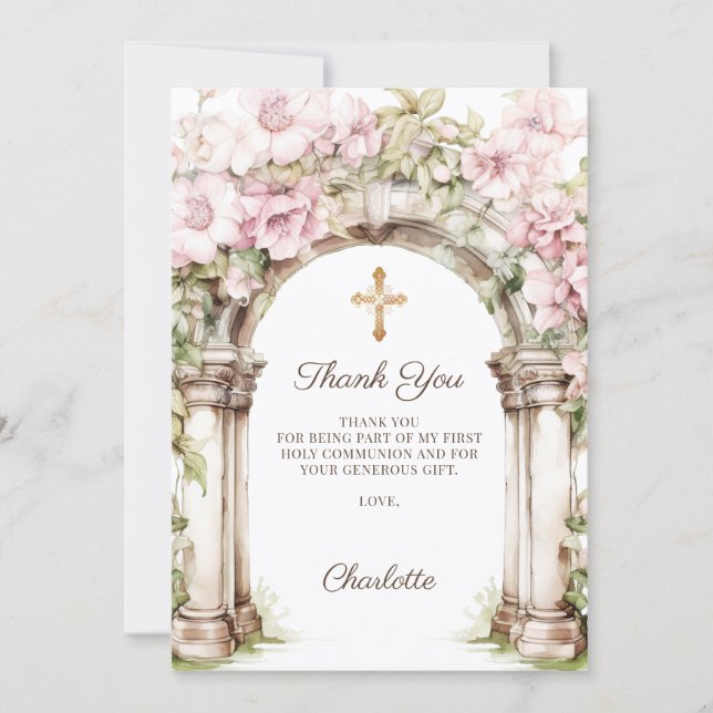 Cartão De Agradecimento Girl photo First Communion pink floral arch (Frente)