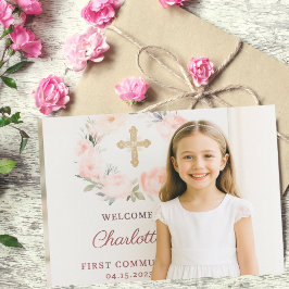 Cartão De Agradecimento Girl photo pink bow cross First Communion 