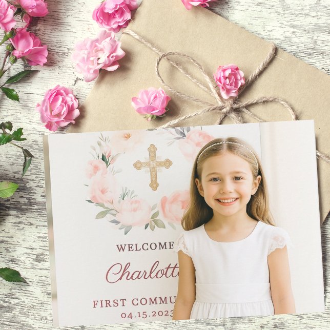 Cartão De Agradecimento Girl photo pink bow cross First Communion  (Criador carregado)