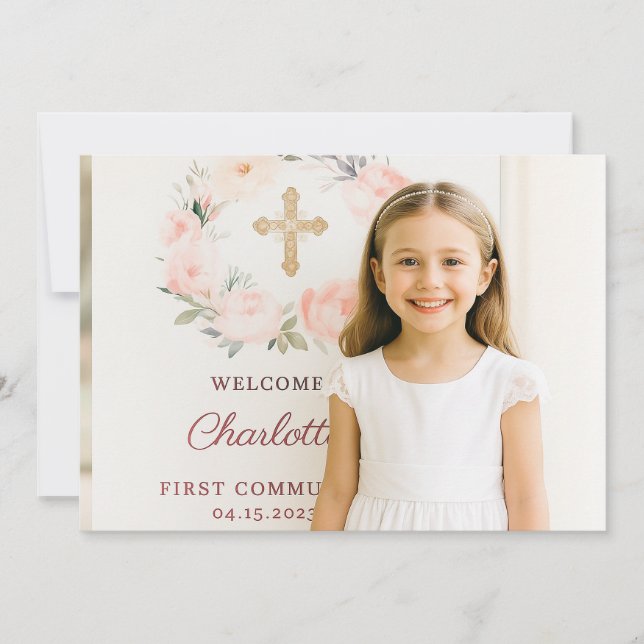 Cartão De Agradecimento Girl photo pink bow cross First Communion  (Frente)