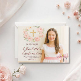 Cartão De Agradecimento Girl photo pink bow cross First Holy Communion