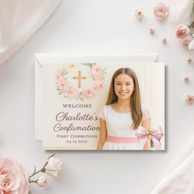 Cartão De Agradecimento Girl photo pink bow cross First Holy Communion (Criador carregado)