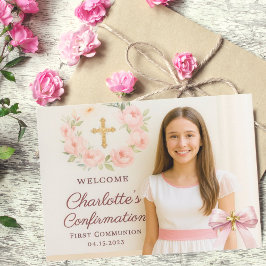 Cartão De Agradecimento Girl photo pink bow cross First Holy Communion