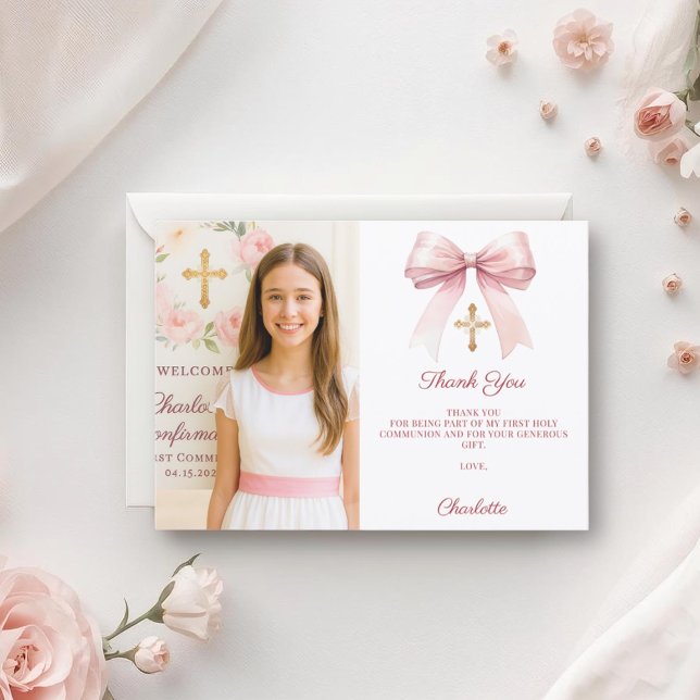 Cartão De Agradecimento Girl photo pink bow First Holy Communion (Criador carregado)