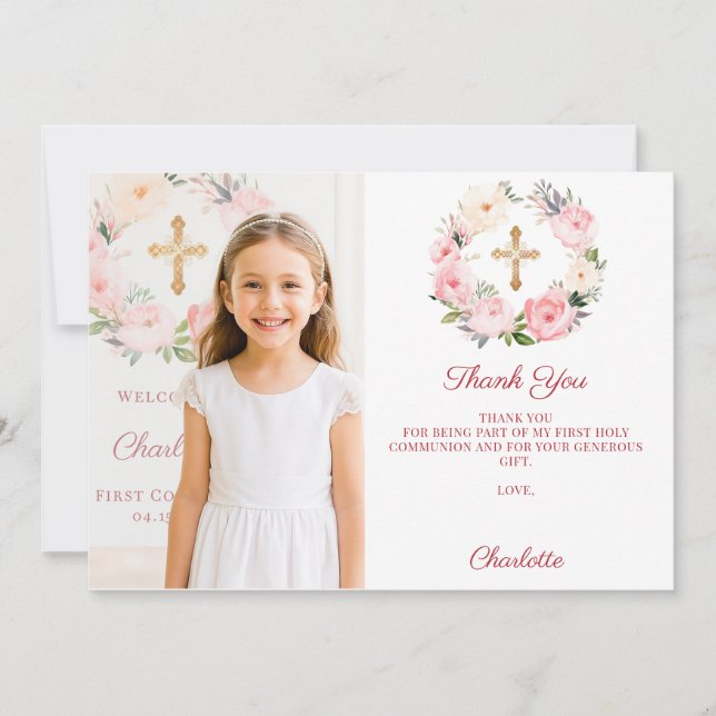 Cartão De Agradecimento Girl photo pink florals cross First Communion  (Frente)