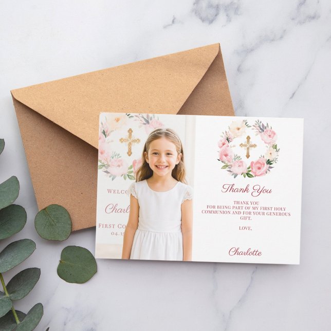 Cartão De Agradecimento Girl photo pink florals cross First Communion  (Criador carregado)