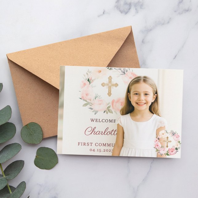 Cartão De Agradecimento Girl photo pink florals cross First Communion  (Criador carregado)