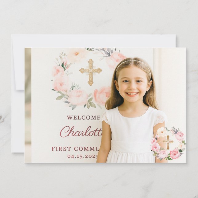 Cartão De Agradecimento Girl photo pink florals cross First Communion  (Frente)