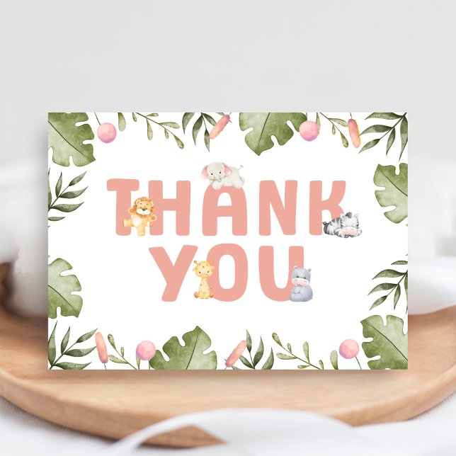 Cartão De Agradecimento Girl Safari Animal Baby Shower  (Safari Jungle Animals Baby Shower Thank you Card)