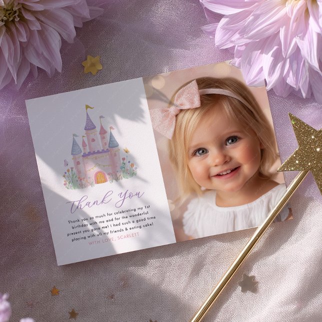 Cartão De Agradecimento Girls Birthday Photo Thank You Card Princess Party (Girls birthday Photo thank you card | Princess Pastel Castle Party)