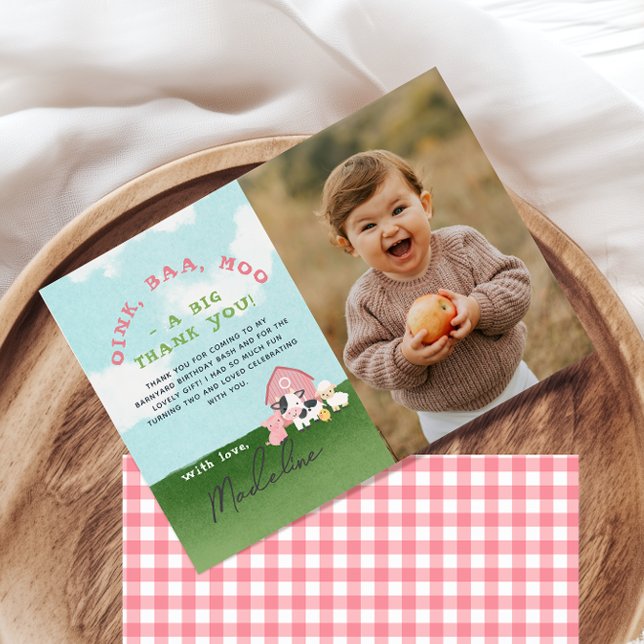 Cartão De Agradecimento Girls Pink Farm Barnyard Birthday Photo (Criador carregado)
