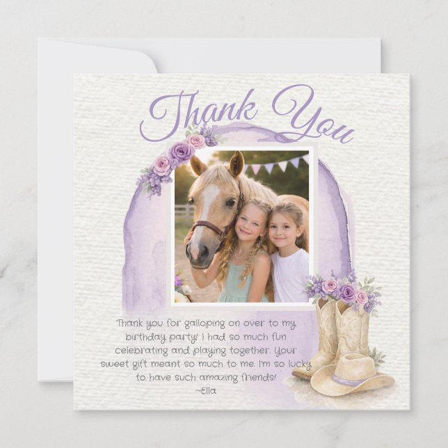 Cartão De Agradecimento Girls Pony Cowgirl Birthday Photo Thank You Card (Frente)