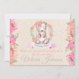 Cartão De Agradecimento Girls Watercolor Floral Baby Bear Chá de fraldas