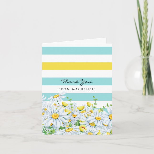 Cartão De Agradecimento Girly Aqua Stripes With Yellow Daisies Thank You (Frente)