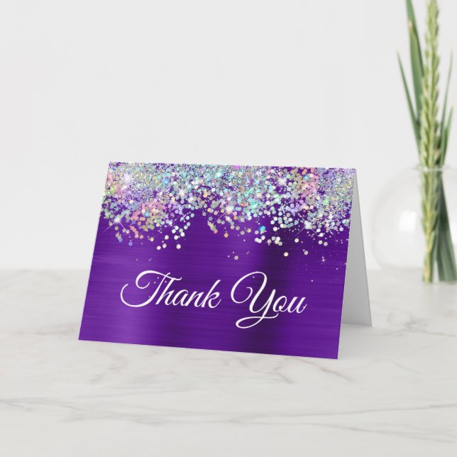 Cartão De Agradecimento Girly Bright Indigo Purple Foil Holo Glitter (Frente)
