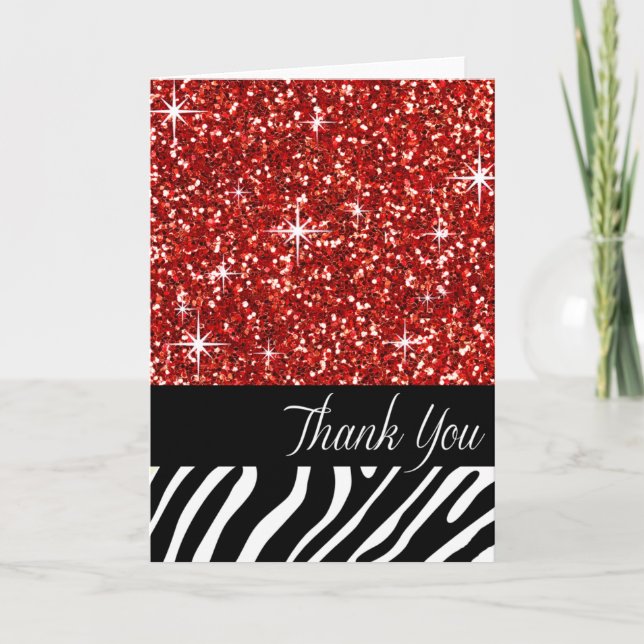Cartão De Agradecimento Glam Bling Glitter Zebra Thank You | red (Frente)