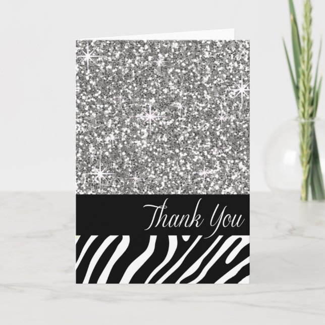 Cartão De Agradecimento Glam Bling Glitter Zebra Thank You | silver (Frente)