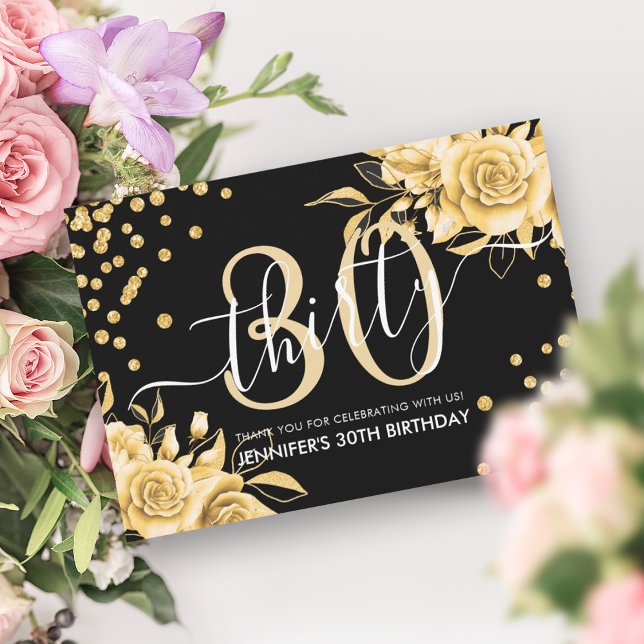 Cartão De Agradecimento Glam Dourado Floral Glitter aniversário de 30 anos (Glam Gold Floral Glitter 30th Birthday Black Thank You Card)