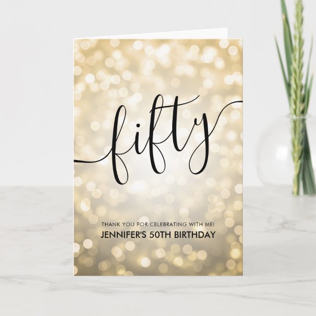 Cartão De Agradecimento Glam Dourado Luzes de Lanterna 50º Aniversário Obr (Frente)