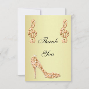 Cartão De Agradecimento Glamouroso Stiletto Dourado & Nota Musical Obrigad