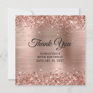 Cartão De Agradecimento Glitter de Rosa Dourado Monograma 90º Aniversário