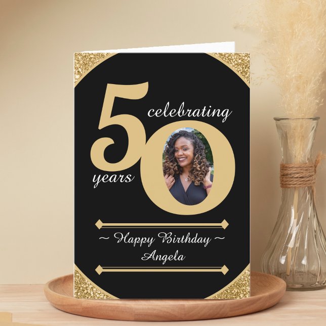 Cartão De Agradecimento Glitter Preto e Dourado 50 Anos 50 Anos 50. Aniver (Black & Gold Glitter 50 Fifty Years 50th Birthday Thank You Card)